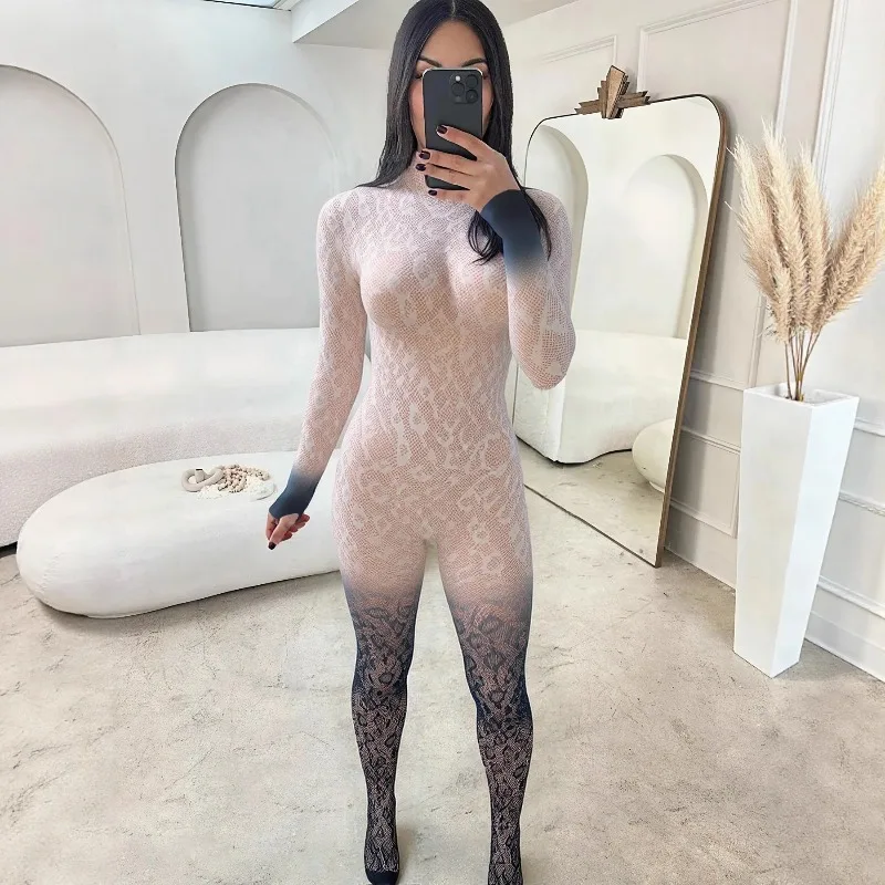 2025 가을 그라데이션 패치워크 백리스 니트 레이스 스키니 점프수트 여성 O넥 긴팔 섹시 스파이시 걸즈 클럽웨어 롬퍼