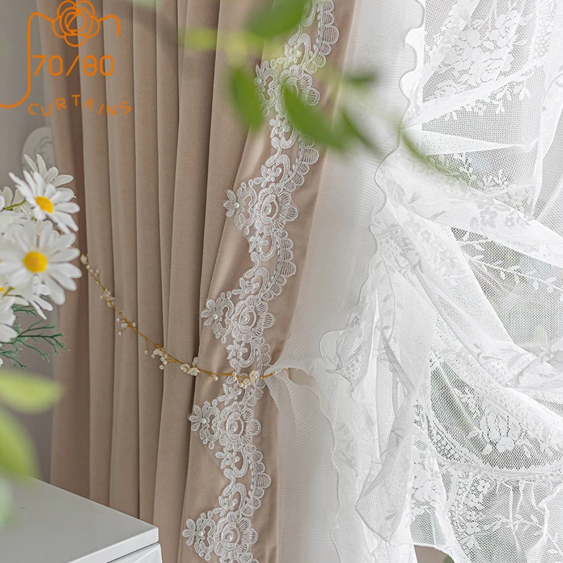 Cream White Lace Gauze Curtain Embroidery Velvet Curtains for Living Room Bedroom French Window Balcony Window Customized