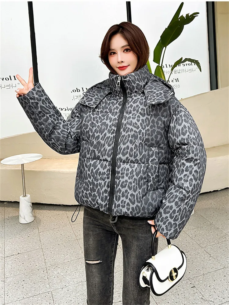 Leopard Print Loose Women Cotton Coat Winter Warm Stand Collar Zipper Quilted Padded Jacket Crop Top Y2K Parkas Female Clothes