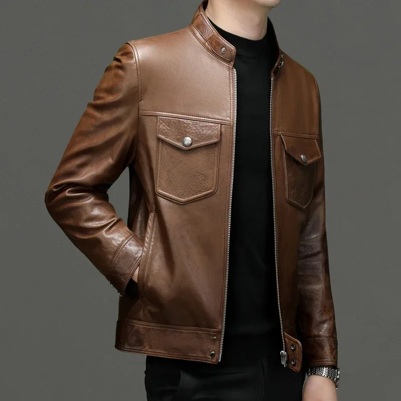 Autumn and Winter New Fashion Business Men's Casual Leather Clothing Out Windproof Trend Stand Collar Jacket Sheepskin Coat