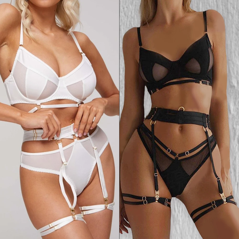 3-Piece Bra Set Women See Through Lingerie Garter Belt Thong Bra Set Ultra-Thin Nightwear Sexy Underwear Breathable Panties