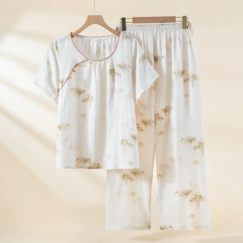 

2026 New Spring/Summer Women's Pajama Set 100% Cotton Chinese Style Outable Short sleeved Pants Two piece Home Clothes