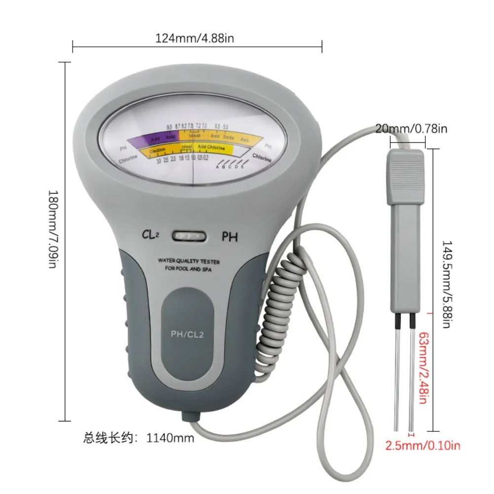 2-in-1 Pool Water Tester for pH and Free CL2 Measurement Portable with Retractable Spiral Probe ABS PE Construction