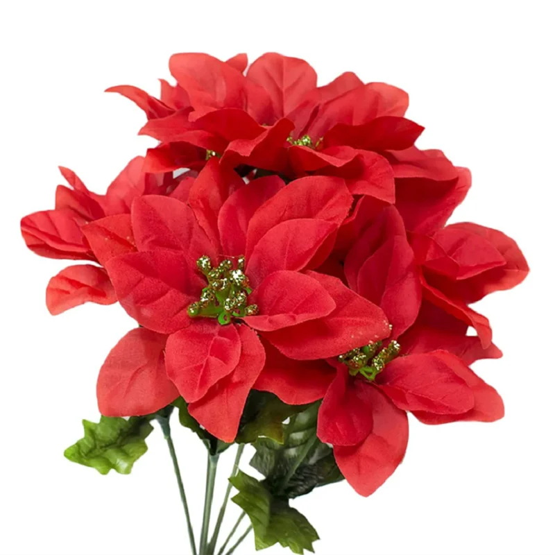 4 قطعة شجيرات البونسيتة الاصطناعية ، فو 7 رؤساء الحرير البونسيتة الاصطناعية زهرة عيد الميلاد باقة زهرة البونسيتة الحمراء #5