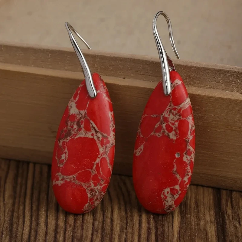 Delicate Boho Silver Color Earrings for Women Teardrop Jaspers Women Oval Red Natural Stone Dangle Jewelry