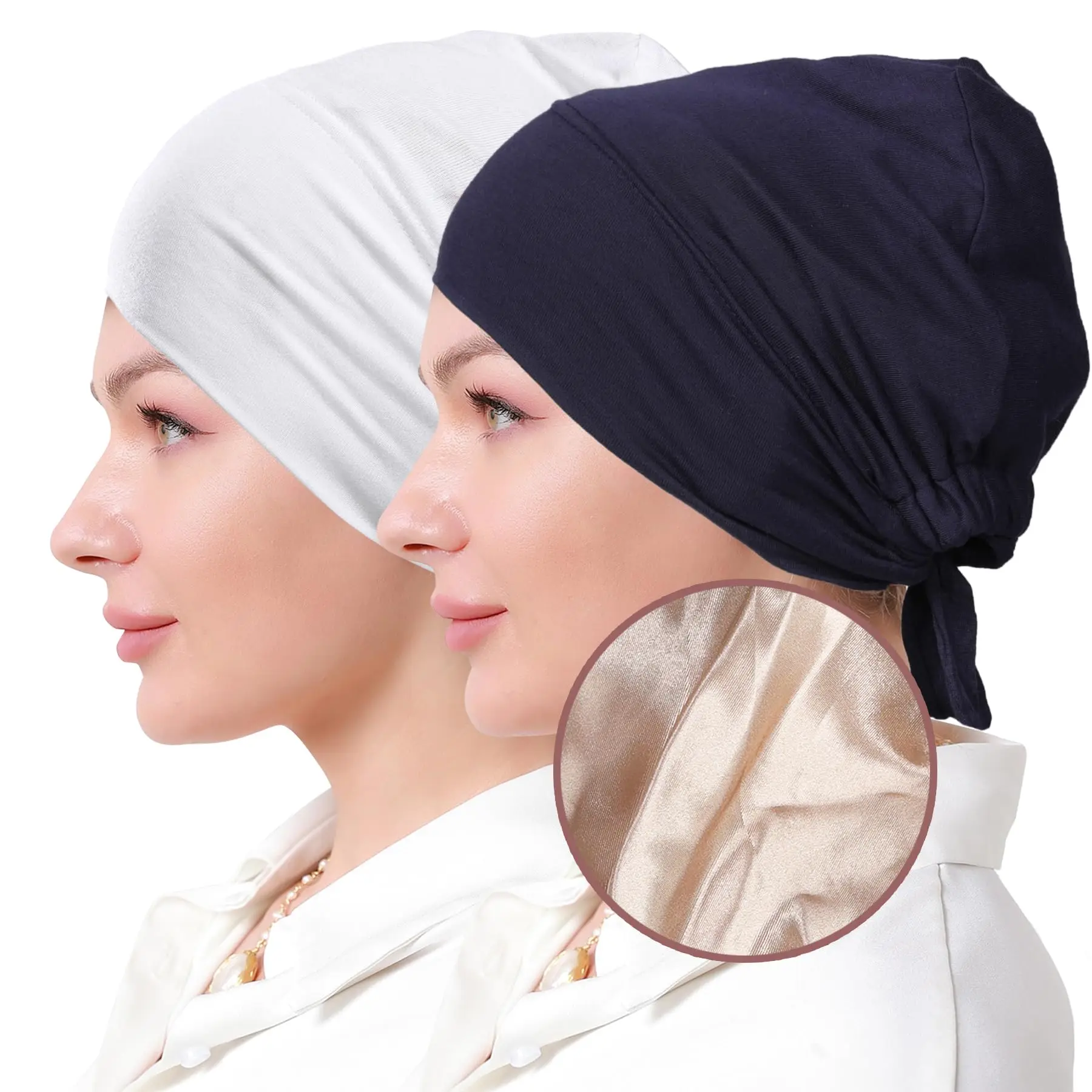 Double Layer Modal Satin Hijab Cap Muslim Turban Bandana Islam Undercap with Tie Bonnet Instant Hijabs for Women Turkish Scarves