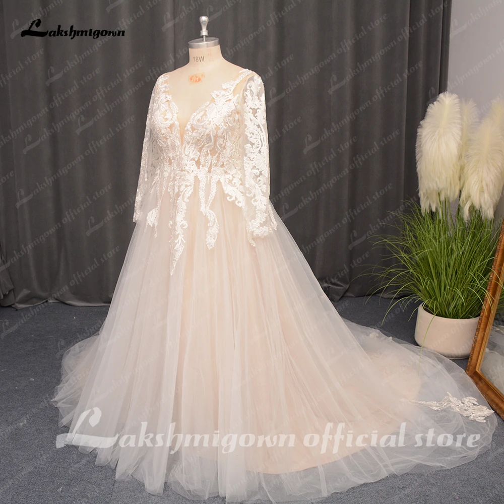 Lakshmigown Plus Size Lace Long Sleeves Wedding Dress for Women V Neckline 2024 Robe Mariage Civil Bridal Gown Brautkleid