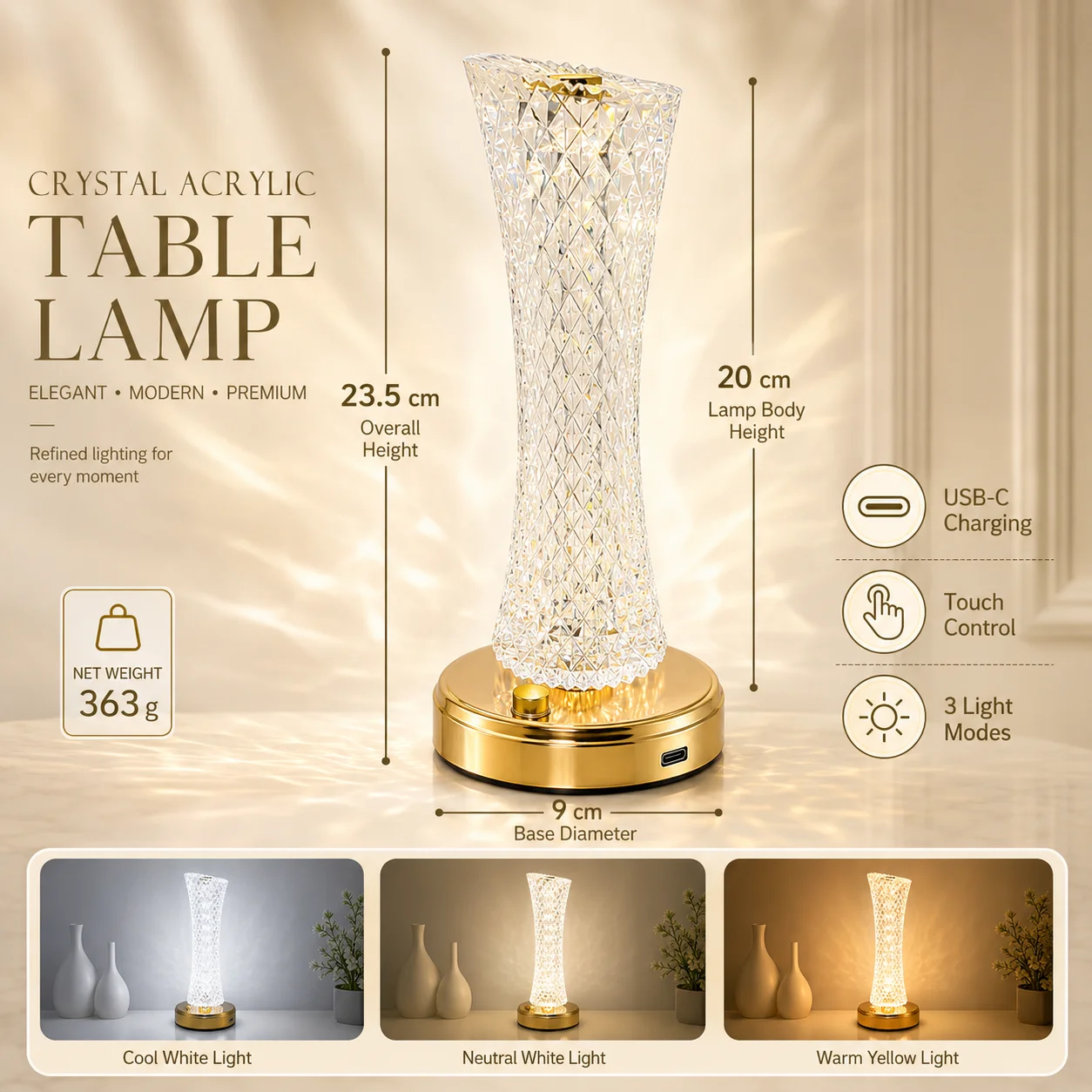 Crystal Touch Lamp — Dimmable LED Bedside Mood Light