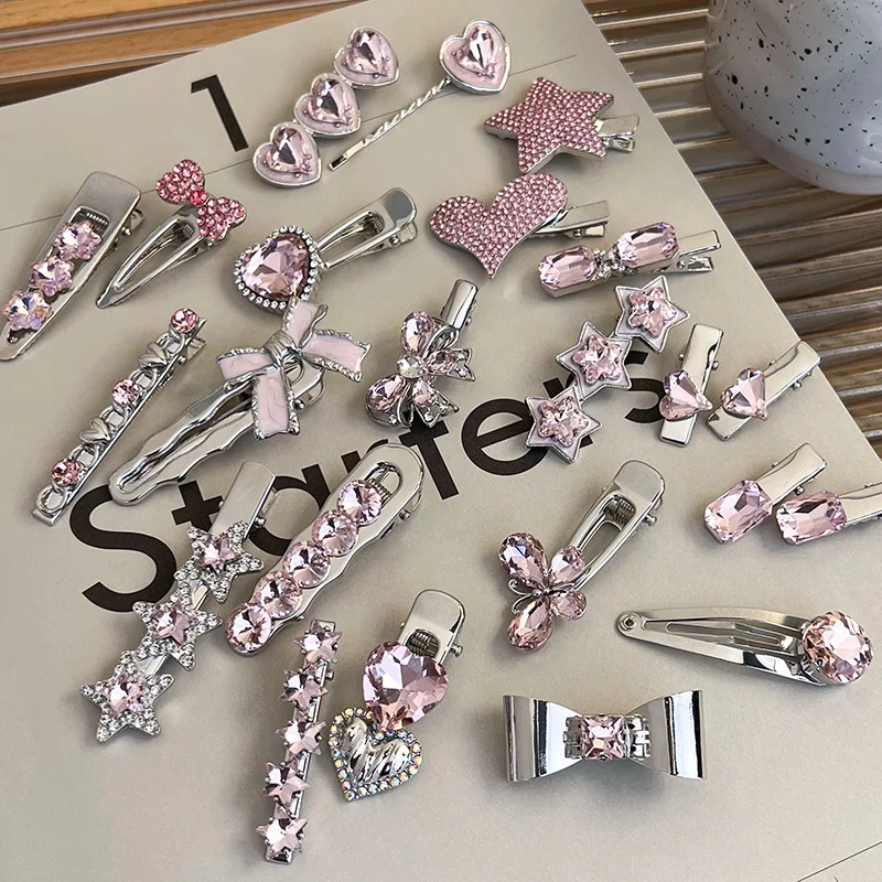 Fashion Luxury Crystal Hairpins Vintage Heart Pink Rhinestone Silver Hair Clips For Women Girls Sweet Barrettes Hair Accessories