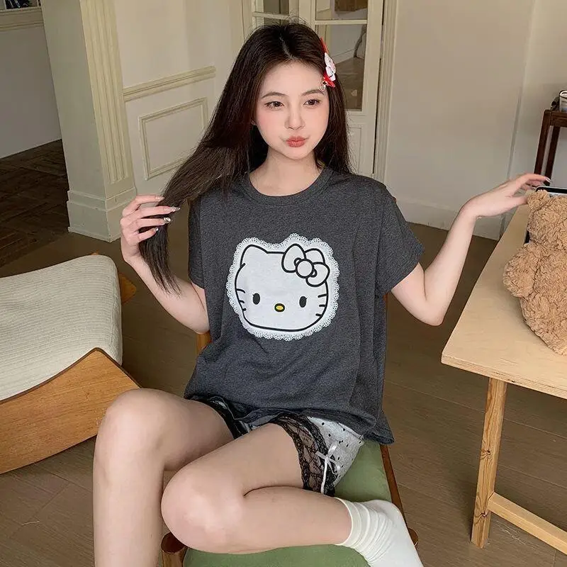 

Набор женской летней пижамы Sanrio Hello Kitty с коротким рукавом и кружевной отделкой для студентов, домашняя одежда, повседневная верхняя одежда, недорого