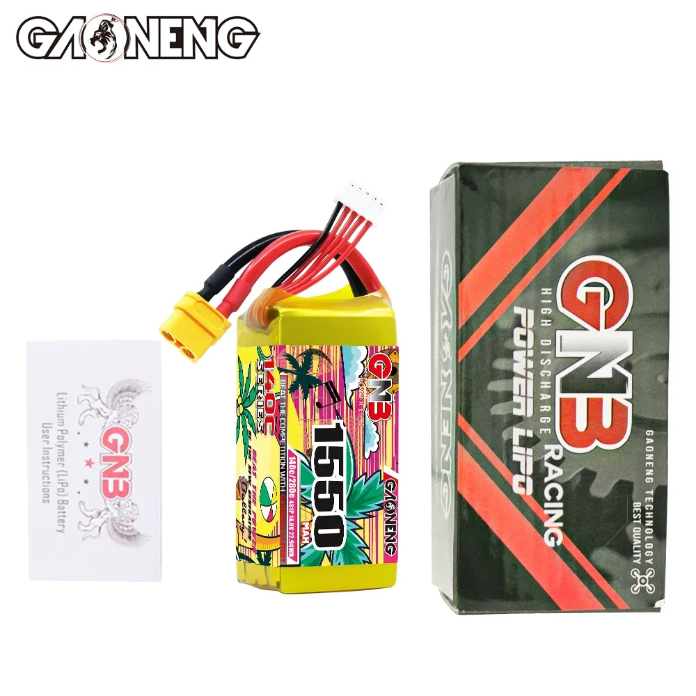 Batería de litio GAONENG GNB 4S 14,8 V 1550 mAh 140C con conector XT60, adecuada para drones FPV y cuadricópteros.