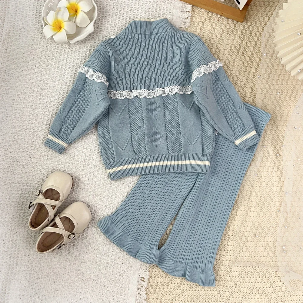 Süßes Rosa Mädchen-Strickoutfit, 2-teilig, Spitze, Schleife, Langarm-Pullover, Schlaghose, Koreanisches Herbst- und Winter-Kinderbekleidungsset 2-6 Jahre – Detail 10