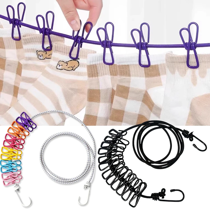 Portable Clothesline with 12 Clothespins, Travel Clothesline Stretchy Retractable Elastic Laundry Clothes Line for Backyard