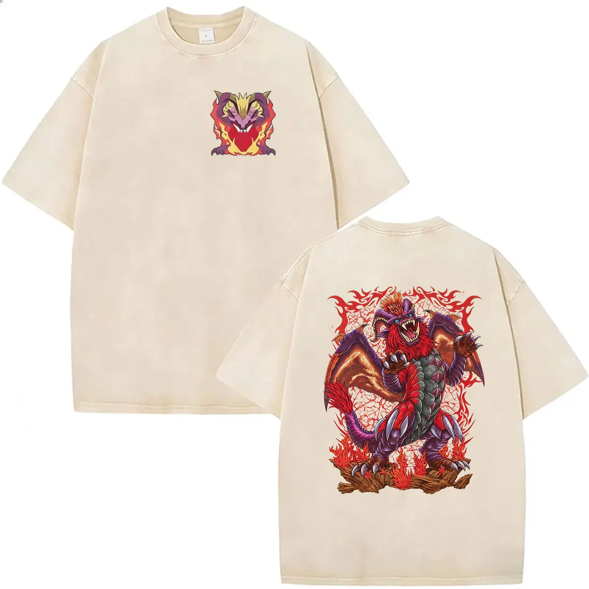 2026 Game Monster Hunter Tigrex The Roaring Wyvern Vintage Washed T-Shirts für Männer und Frauen, Harajuku-Mode, übergroßes Baumwoll-T-Shirt – Detail 6