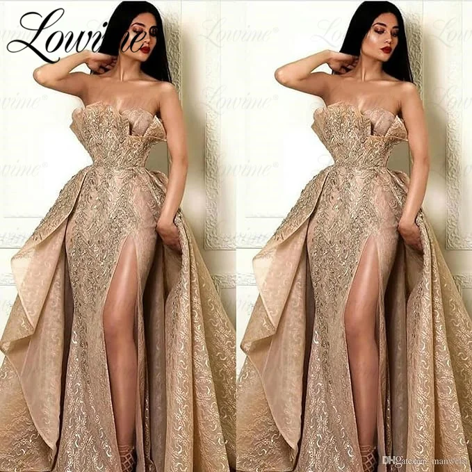 Lowime 2 In 1 Lace Prom Dress Strapless Champagne Arabic Evening Dresses Robe De Soiree Wedding Engagement Gowns Party Dress