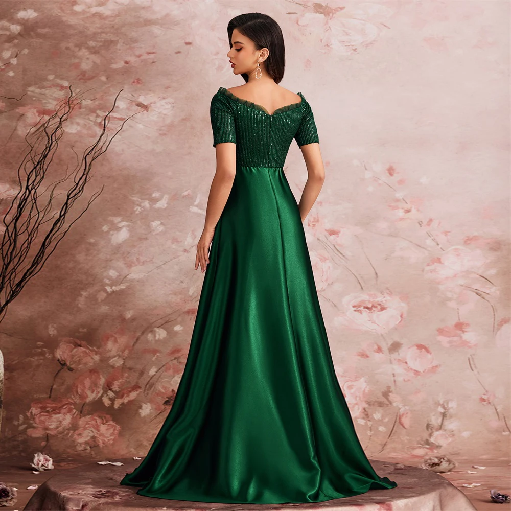 Lucyinlove luxo verde cetim com decote em v vestido de noite feminino cetim festa de casamento baile até o chão vestido de cocktail fora do ombro