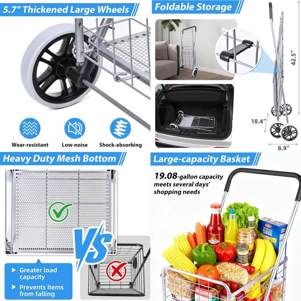 

Складная корзина для покупок, складная тележка для продуктов на колесиках, металлическая тележка с сетчатым дном, компактная легкая W