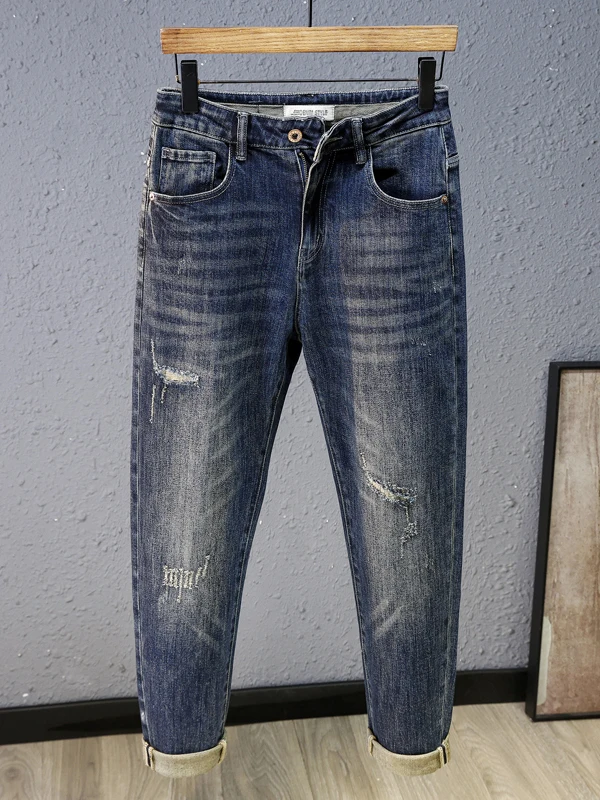 

Мужские джинсы Slim Fit премиум-класса с вышивкой, нашивками и эффектом потертости, модные, из хлопкового стрейч-денима, со средней посадкой, на молнии