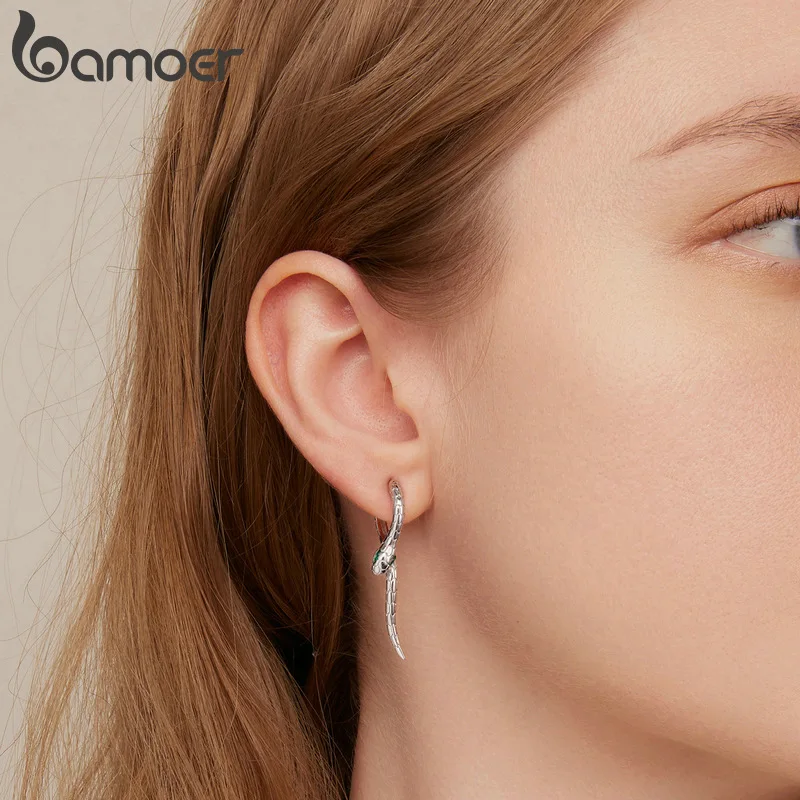 BAMOER 925 Sterling Silver Snake Ear Buckles Green Zircon Hoop Earrings for Women Personalized Fine Jewelry Gift BSE792