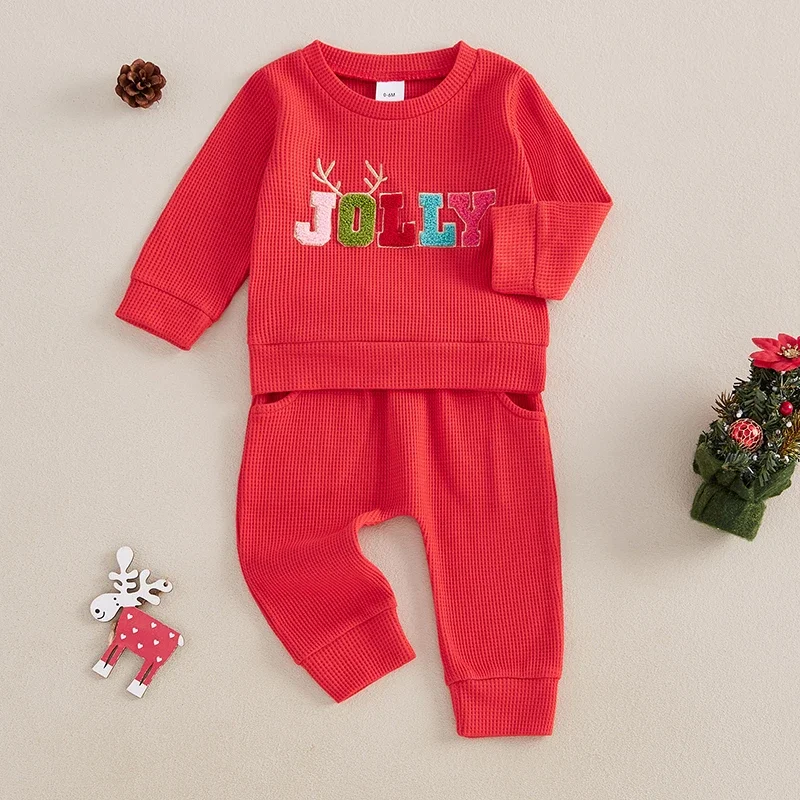 Baby Christmas 2Pcs Outfits Long Sleeve Antler Letter Embroidery Sweatshirt and Pocket Pants Set