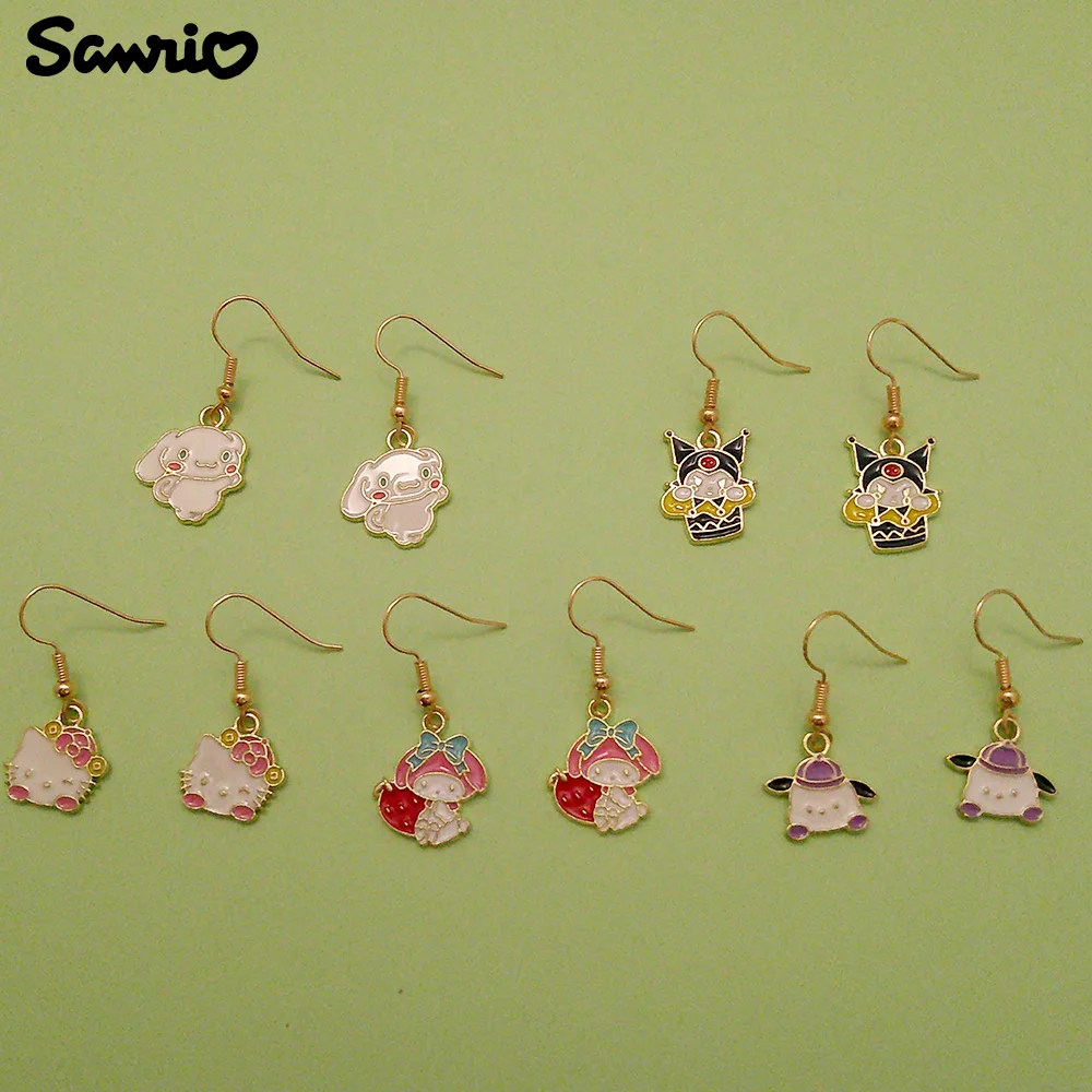 Anime Sanrio Hello Kitty Kuromi Earrings Cartoon Figure Melody Cinnamoroll Metal Badge Pendant Ear Drop Jewelry Accessories