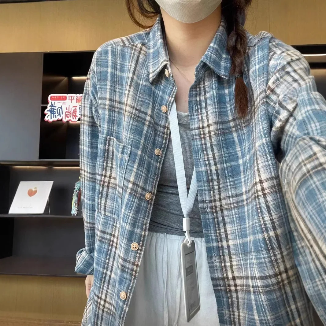 Women's Blue Plaid Cotton Long Sleeve Shirt Jacket Spring Autumn Elegant Turn Down Collar Check Shirt Retro Female Blouse