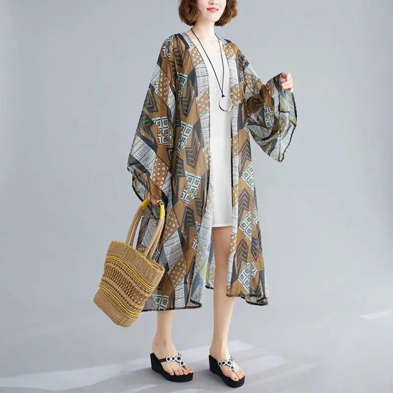 2025 ฤดูใบไม้ผลิ/ฤดูร้อนผู้หญิงขนาดใหญ่Slimmingพิมพ์Beach COVER-Upเสื้อยาว-ครีมกันแดดผ้าคลุมไหล่Tunic TOP G122
