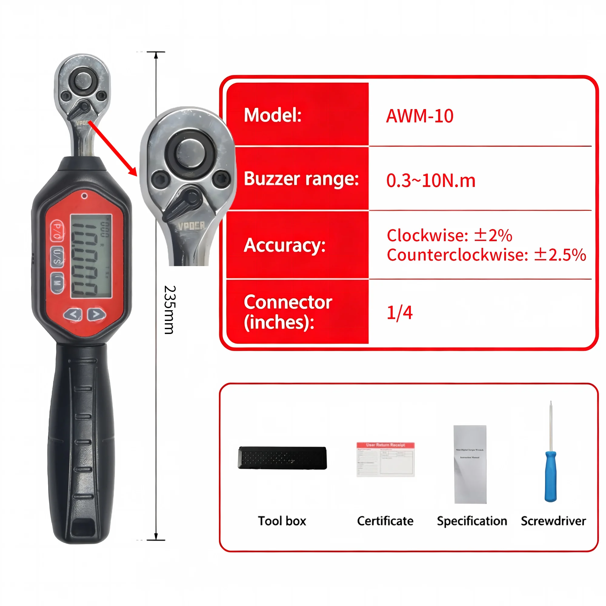 VPOER LOGO Professional Adjustable Preset MINI Digital Torque Wrench  Torque Spanner  1/4