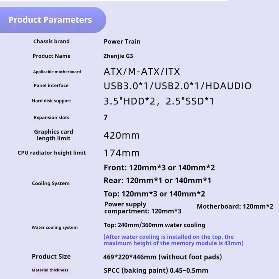Power train Zhenjie G3 Custodia per PC USB3.0 desktop M-ATX ITX ATX supporto laterale in vetro trasparente Custodia per computer raffreddata ad acqua da 360 mm