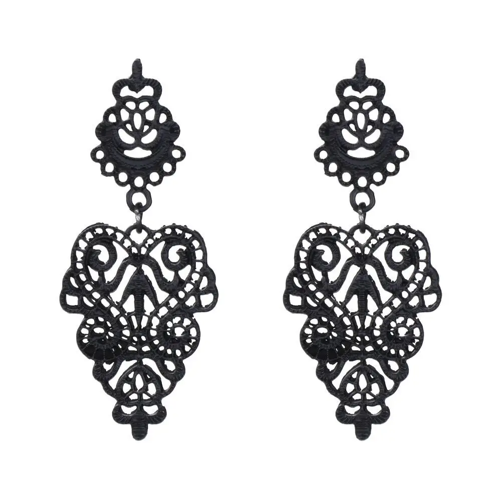 Long Vintage Black Red Golden Silver Plated Metallic Boho Style Lace Figures Bohemia Hollow Drop Earrings Women Dangle Earrings