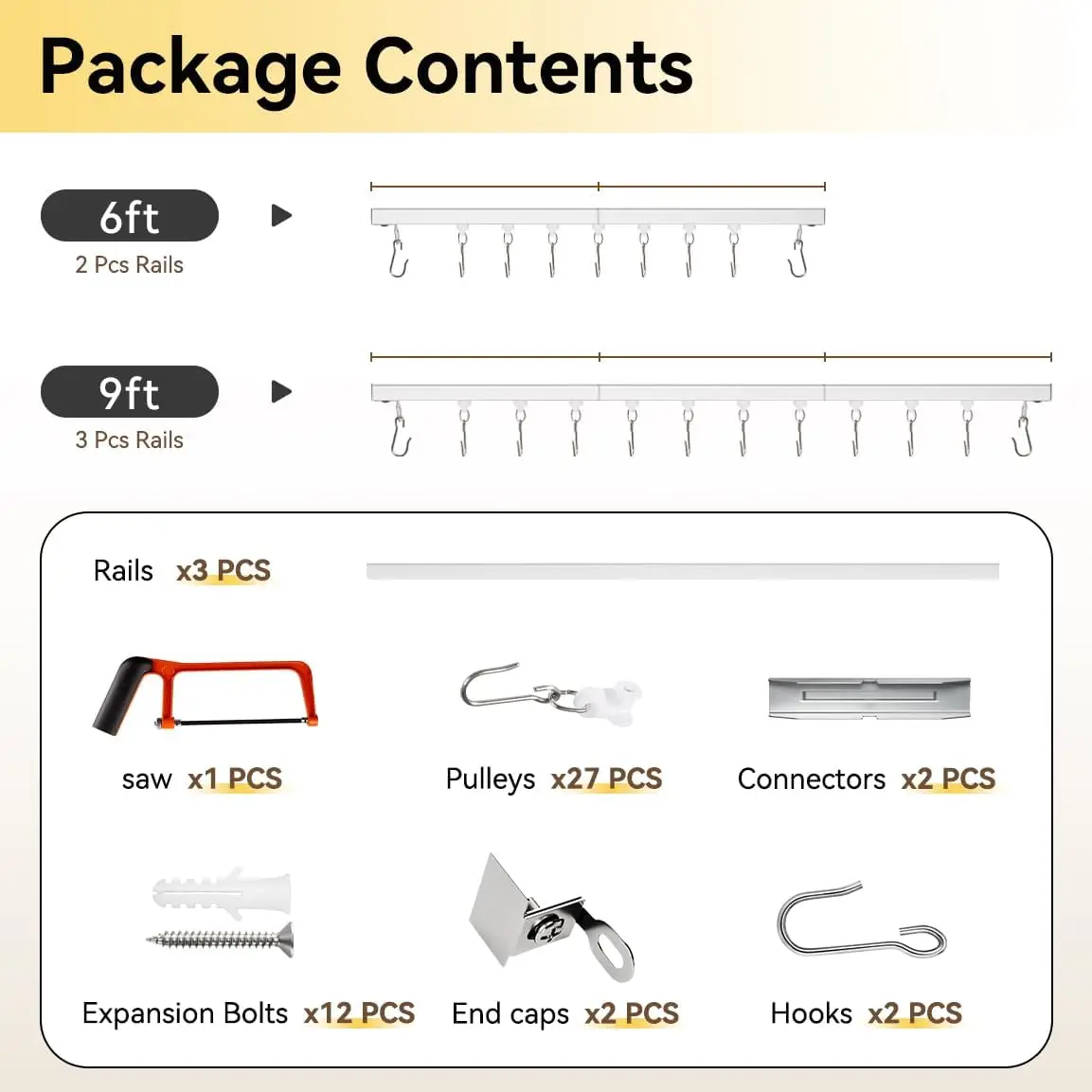 천장 장착 커튼 트랙, 룸 디바이더용, 화이트, 조절 가능 6-9피트, 롤러 훅 포함