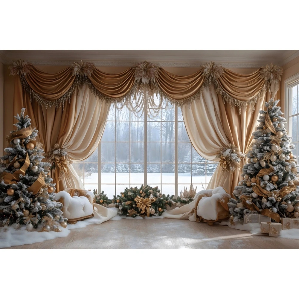 Indoor Christmas Photography Backdrop Christmas Tree Window Curtain Gifts Family Party Kids Portrait Xmas Photo Background Decor