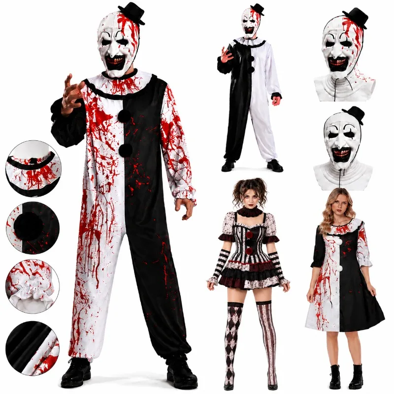 Halloween Horror Clown Cosplay Costume Adult Bloody Jumpsuit Killer Clown Outfit Carnival Party Fancy Circus Dress for Men Women
