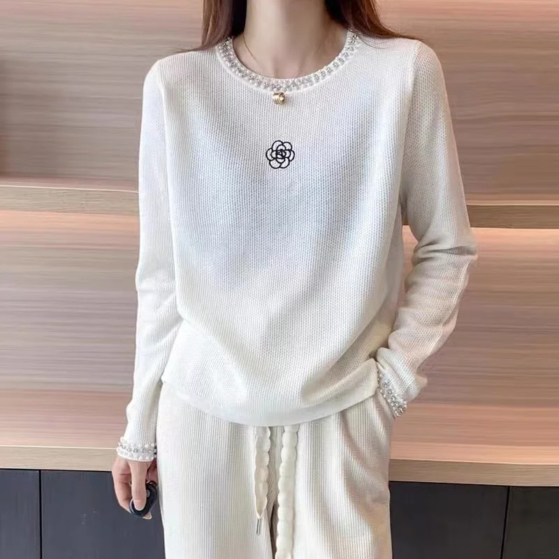 Women Sweater Embroidery Camellia Pearl Diamond Chic Knitted Pullover Knitwears Jumper Thin Soft Cashmere Top Spring Autumn X347