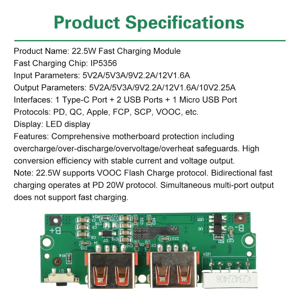 22,5W Schnelllade-Modul für DIY Powerbank PD QC VOOC 3,7V Lithium-Batterie-Ladeplatine mit Schutzschaltung und LED-Anzeige – Detail 9