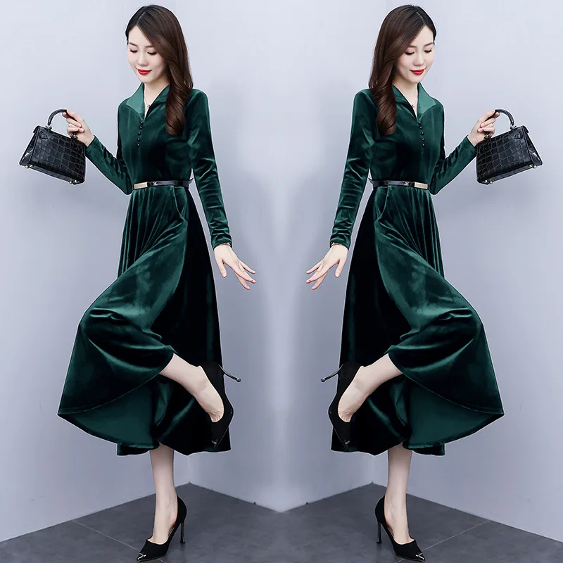 Women Elegant Velvet Midi Dress With Belt Autumn Winter Korean Long Sleeve Bodycon Vestidos Office Lady V-Neck Prom Party Dress
