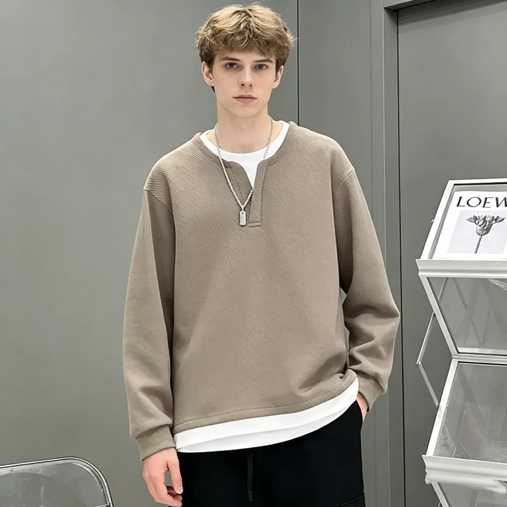 Autumn New Men's Y2K Long Sleeve Casual Solid Color T-shirt Fashion Waffle Imitation Cotton Fake Two Piece Sleeve Loose T-shirt