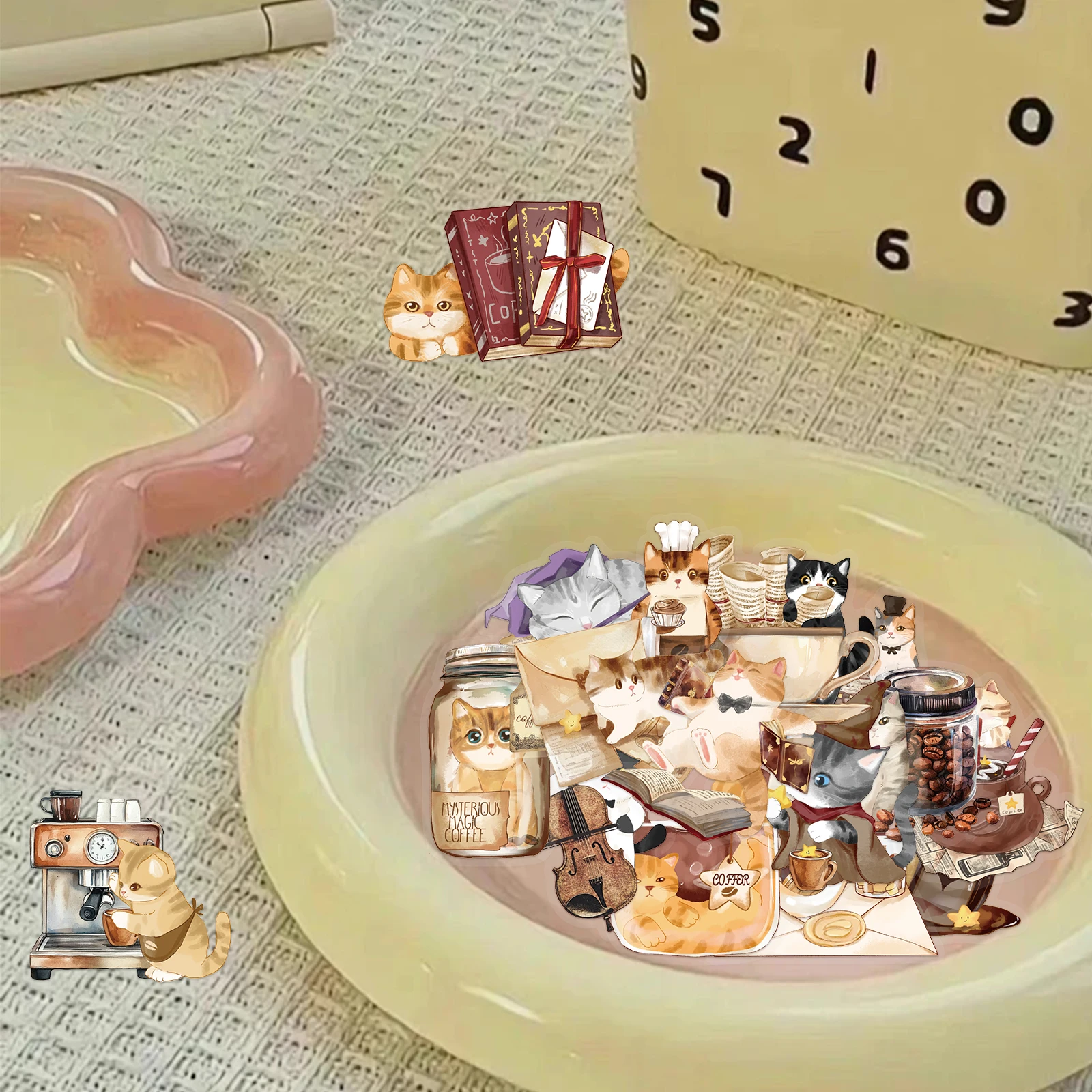 50PCS Magische Katze Café Aufkleber Exquisite Tier Handbücher Handy Fällen Laptops Koffer Transparente Wasserdichte Aufkleber
