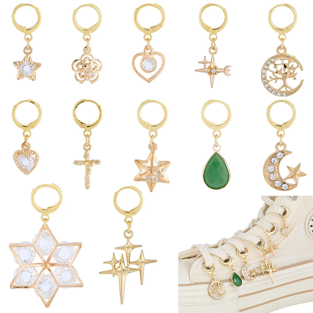 12PCS Gold Shoe Charms Alloy Shoelace Decoration Charms Shoe Clips with Lobster Claw Clasp Heart Star Snowflake Beaded Pendant