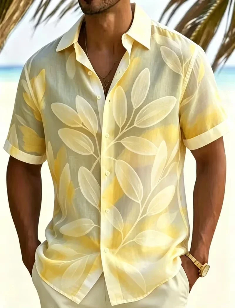 Men's Short Sleeve Shirt Lapel Gradient Aloe Vera Leaf Print Button Up Casual Tropical Outdoor Vacation Summer Mens Clothing