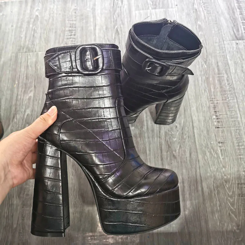 

Sexy Ladies High Platform Stone Leather Ankle Boots Super High Heels Buckle Strap Women Zipper Side Motorcycle Botas