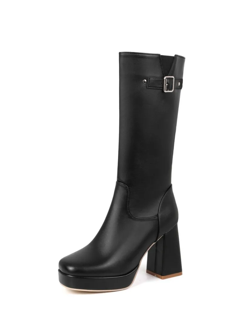 New Style Fashion High Heels Knee-High Boots Ladies Yewllow White Round Head Belt Buckle Plus size 34-50 Snow Boots view 6