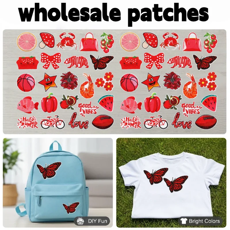 10/12PCS Wholesale Set of Red Style Star Football Watermelon Basketball Mushroom Embroidery Patch Clothes DIY Decoration Ironing