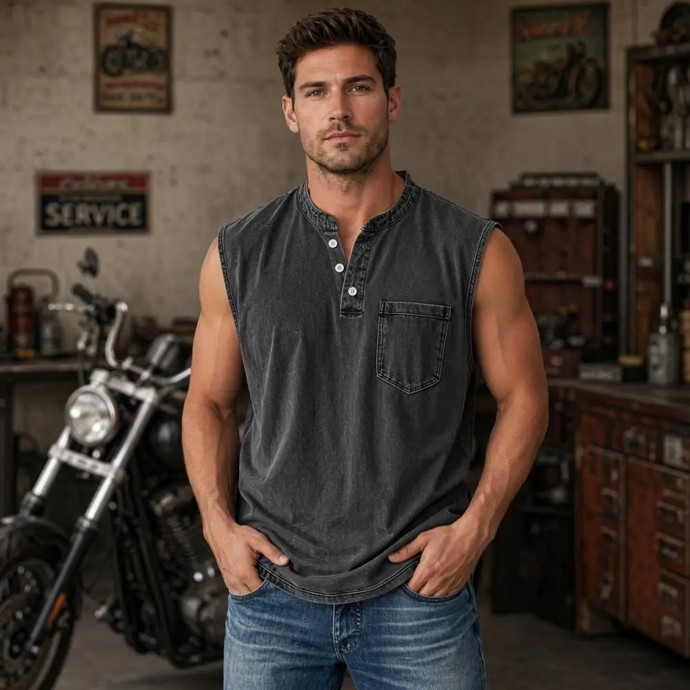 

Sleeveless Men Top Breathable Shirts, Casual Summer Lightweight Pocket Top, Button Up Solid Color Stretchable Top for Summer