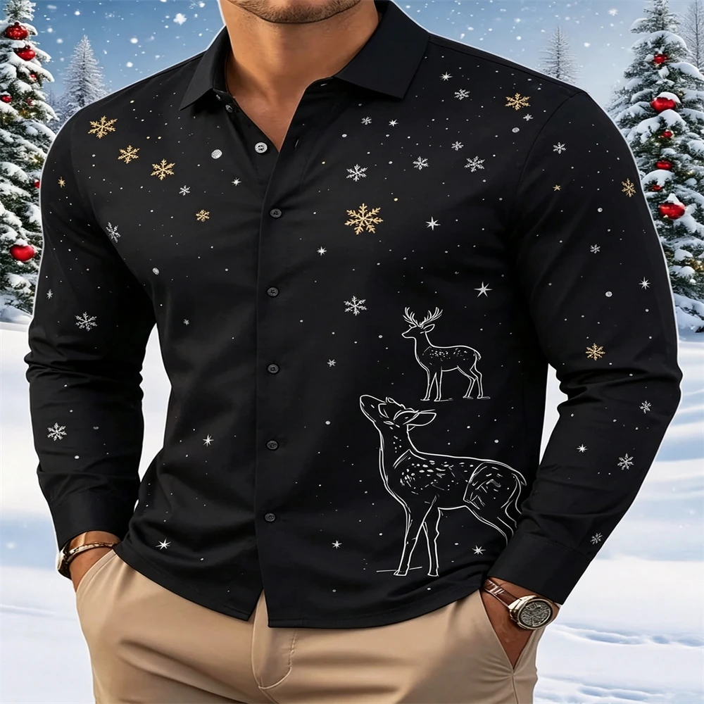 Men Christmas Santa Claus Vintage Print Long Sleeve Polo Shirt Lapel Button Pullover Tops   Pattern Casual Xmas Holiday Shirts