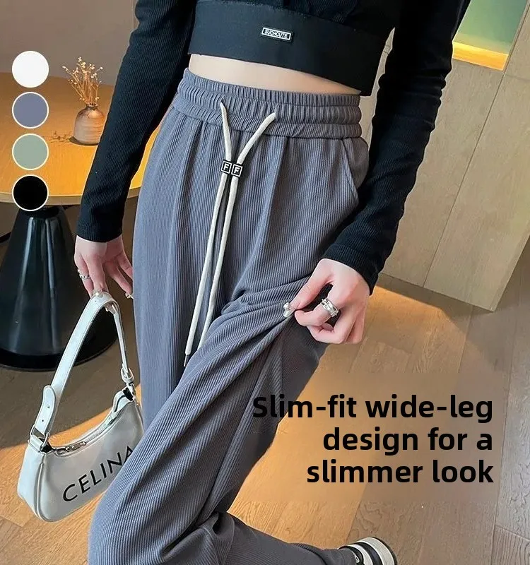 

Summer Thin Ice Silk Wide Leg Pants Women's Loose Casual Large Size Straight Cut Trousers Belted Drapey Slimming High Waist
