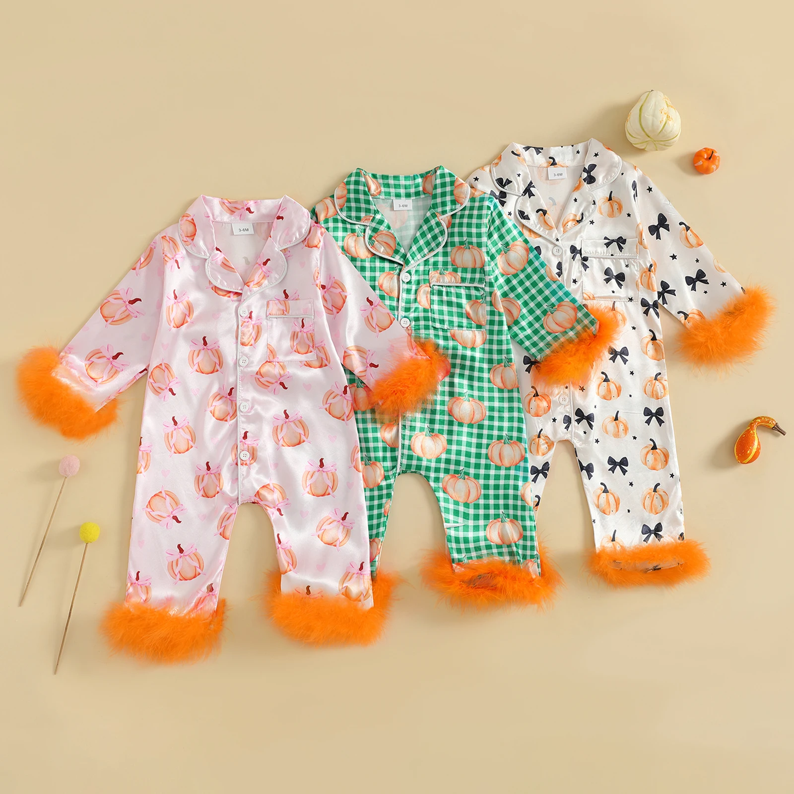 

Baby Girl Fall Romper Long Sleeve Lapel Collar Pumpkin Print Jumpsuit Infant Satin Holloween Pajamas for 0-18 Months