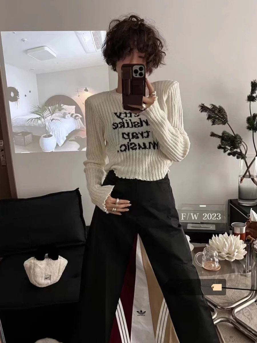 

Long Sve Knitted Sweater Letter Print Padded oulder Hoodie Women's Winter Casual Sle Inner Wear ort Length Top