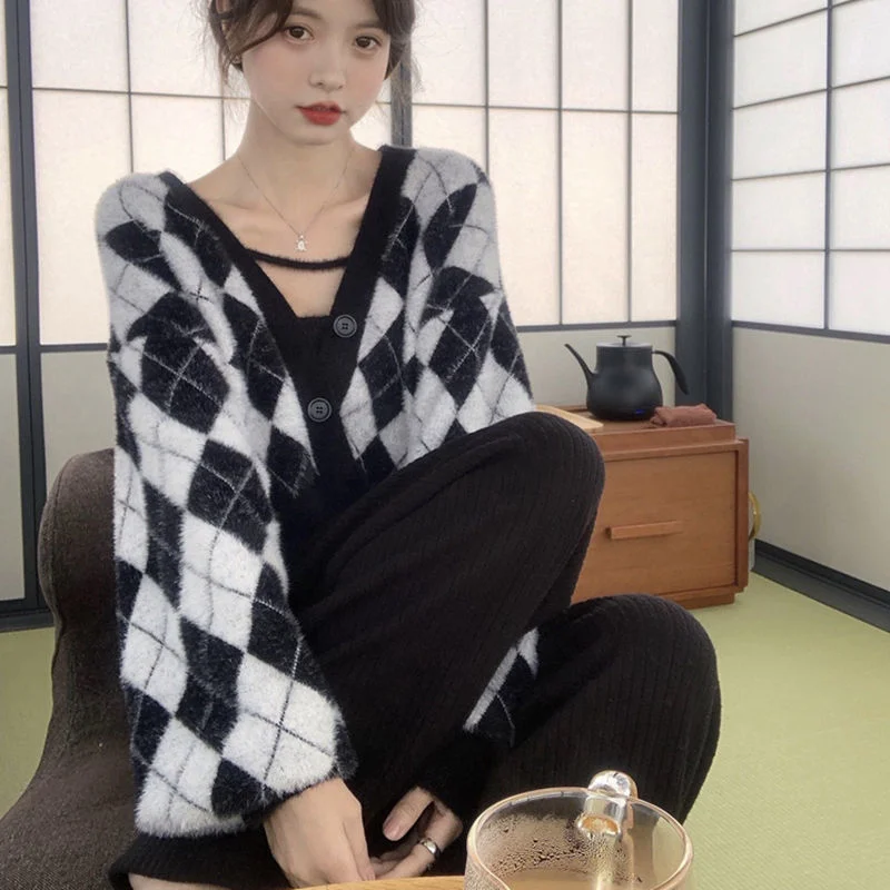 Sweet and spicy rhombus sweater cardigan women autumn and winter retro design sense minority knitted cardigan sweater female