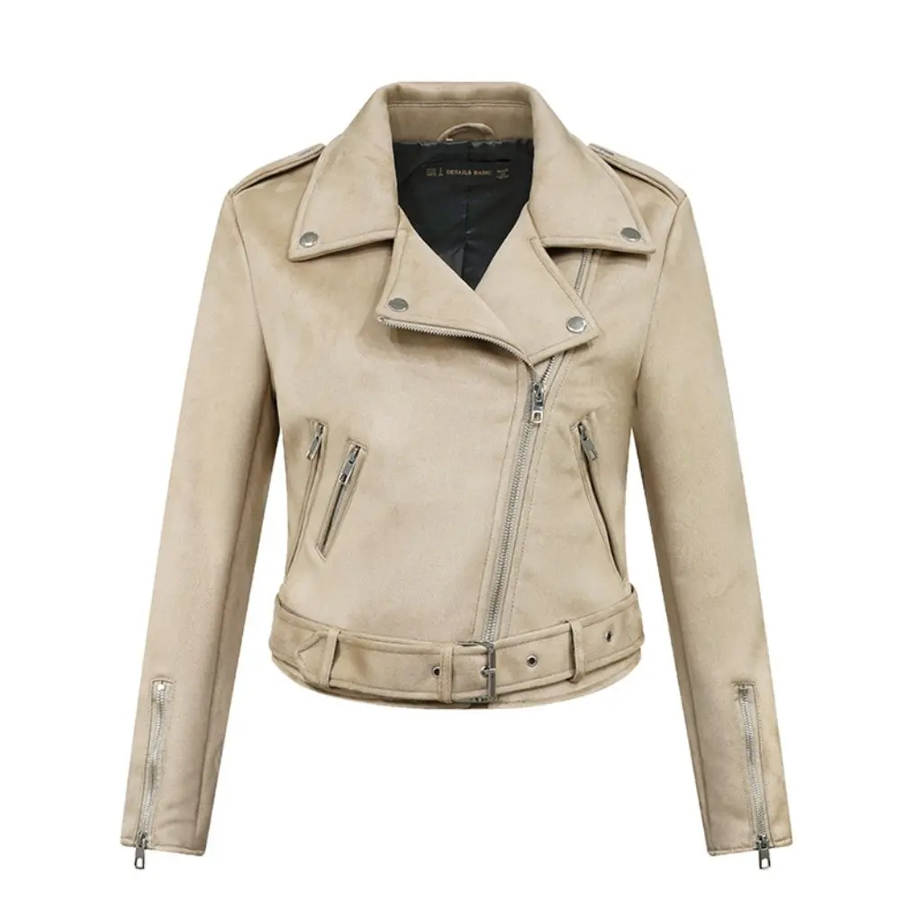 Women's Short Leather Suede Jacket Slim Fit Motorcycle Style European American Design Wholesale Coat for Ladies